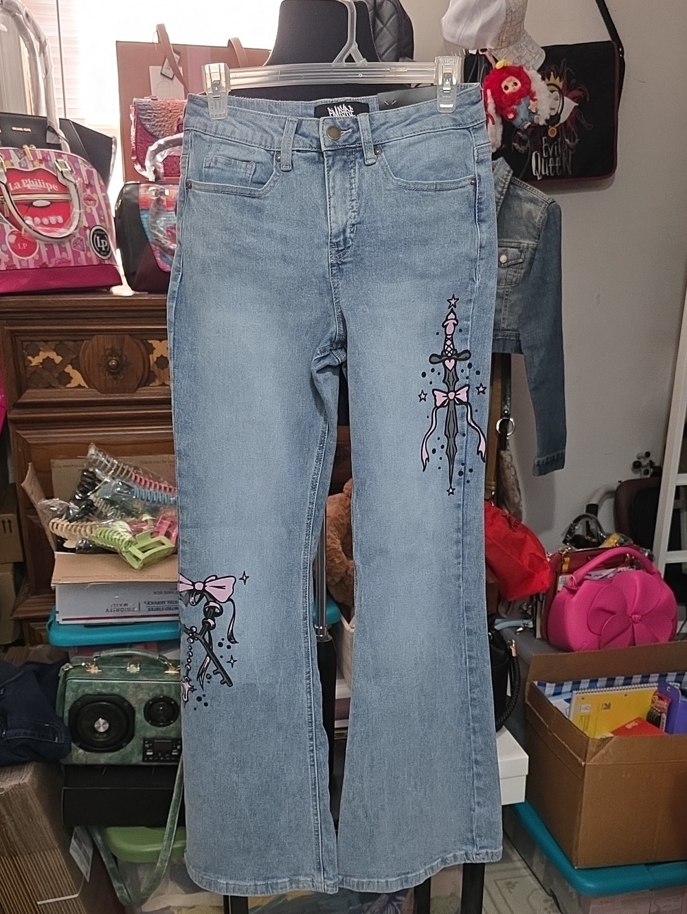 Empyre Light Wash Flare Jeans with Pink Sword & Bow Graphics